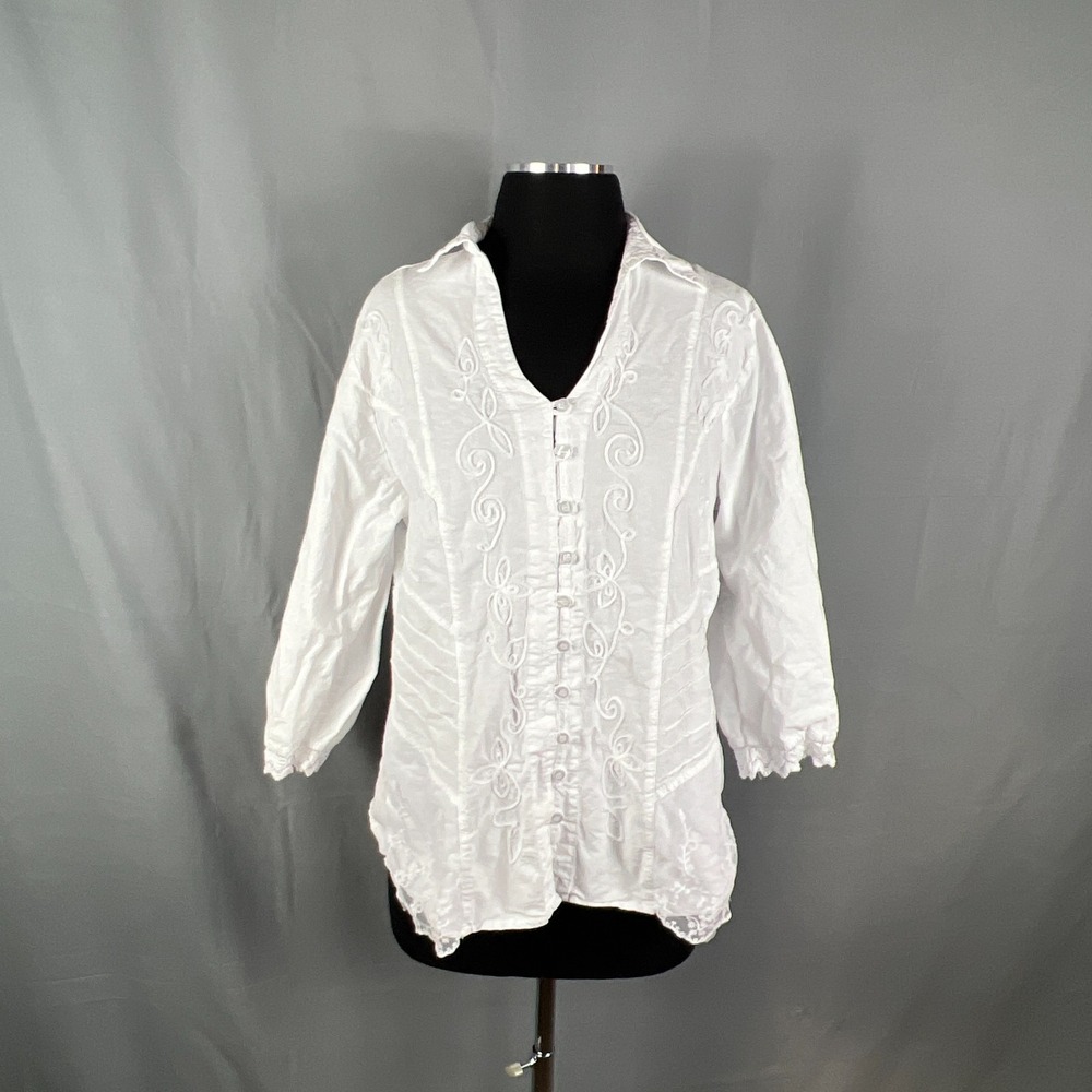 Giocam Blouse Top Womens XL White Cotton Floral Embroidered Button Front Casual